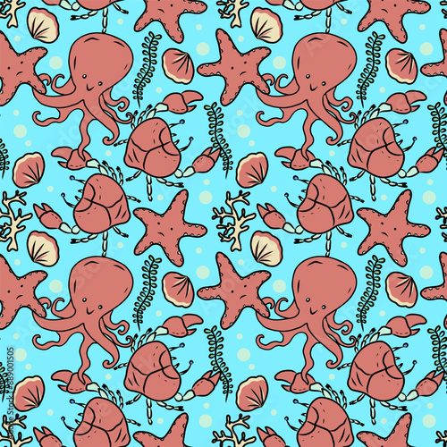 Vector hand drawn seamless pattern with star fish and octopus.Underwater life theme.