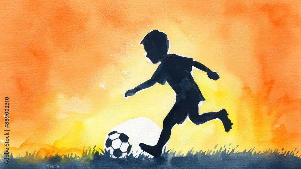 Detailed watercolor art Silhouette of a boy playing soccer at sunset in a beautiful illustration. Detailed watercolor art Silhouette of a boy playing soccer at sunset in a beautiful illustration.