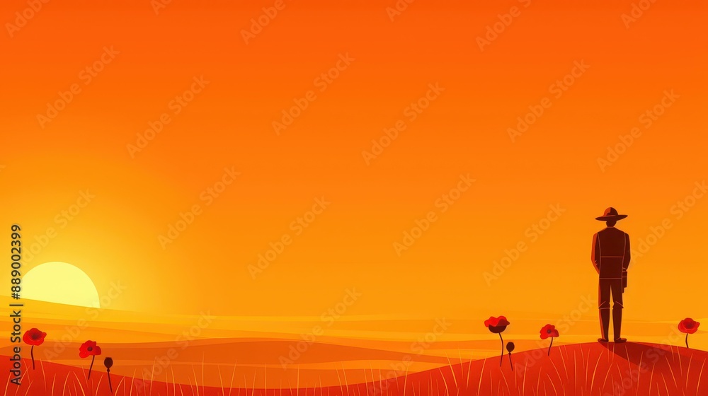 Honor Anzac Day with a poignant design featuring a soldier silhouette and red poppy flower. Honor Anzac Day with a poignant design featuring a soldier silhouette and red poppy flower.