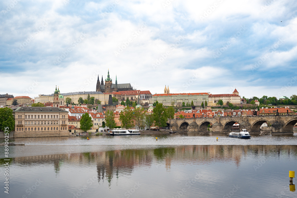 Prague, Czech Republic panorama with Prague Castle, and Charles Bridge over Vltava River. Prague, Czech Republic panorama with Prague Castle, and Charles Bridge over Vltava River.