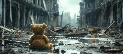 Teddy bear sits amidst the ruins of a wartorn city symbolizing the devastating impact of conflict on innocent lives photo