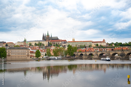 Prague, Czech Republic panorama with Prague Castle, and Charles Bridge over Vltava River. 