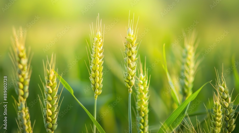 Close up of wheat seeds growing in a field with green background and empty area for text Close up of wheat seeds growing in a field with green background and empty area for text