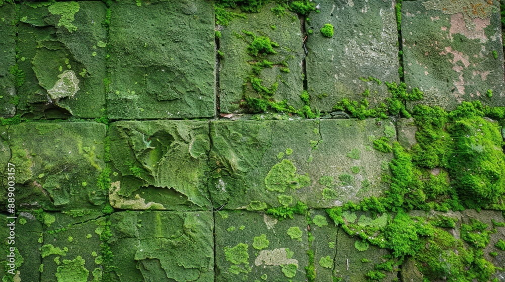 Fototapeta premium A mossy wall with green plants growing on it. The image has a natural and calming feel to it