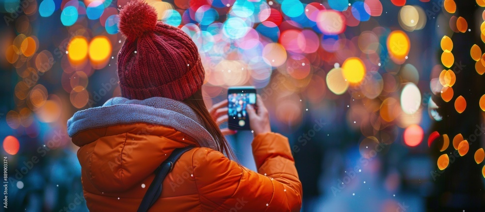 Young woman taking photo of beautiful bokeh city lights at night Young woman taking photo of beautiful bokeh city lights at night