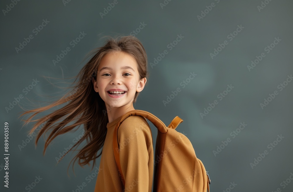 Happy Schoolgirl with Flowing Hair Smiling in Front of Blackboard, Embracing Education and Learning Happy Schoolgirl with Flowing Hair Smiling in Front of Blackboard, Embracing Education and Learning