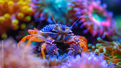 Close-up of a hermit crab crawling among colorful coral polyps and sea anemones. photo