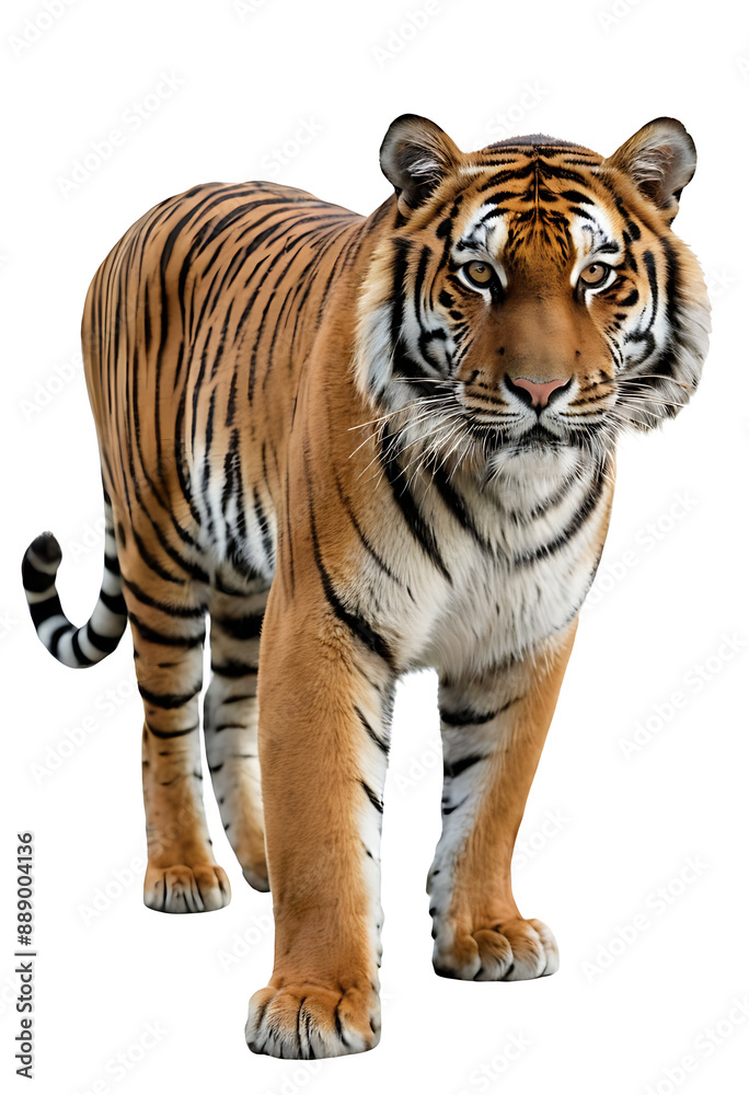 Obraz premium A majestic tiger stands alert, its piercing gaze fixed on the viewer, isolated on a white background. Perfect for wildlife articles, conservation campaigns, or designs symbolizing strength and power.