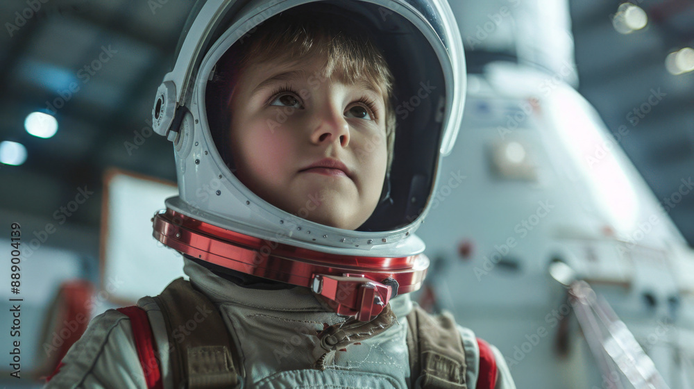 Child in a space suit, highlighting the helmet and suit details, in a hangar with equipment out of focus. Symbolizes exploration, and innovation. Child in a space suit, highlighting the helmet and suit details, in a hangar with equipment out of focus. Symbolizes exploration, and innovation.