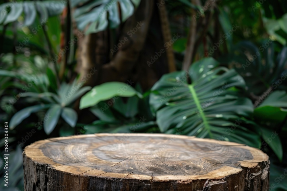 Close-Up of Wooden Tree Stump Podium in Lush Green Tropical Jungle Close-Up of Wooden Tree Stump Podium in Lush Green Tropical Jungle