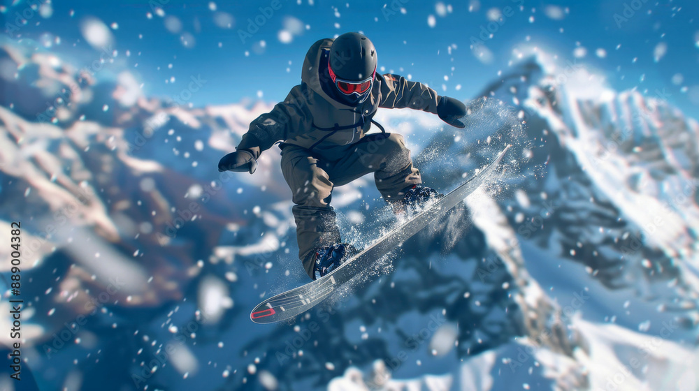 Snowboarder in mid-air, doing a trick against a backdrop of snow-covered mountains, dynamic action shot, winter sports, adventure, high energy, thrill. Snowboarder in mid-air, doing a trick against a backdrop of snow-covered mountains, dynamic action shot, winter sports, adventure, high energy, thrill.