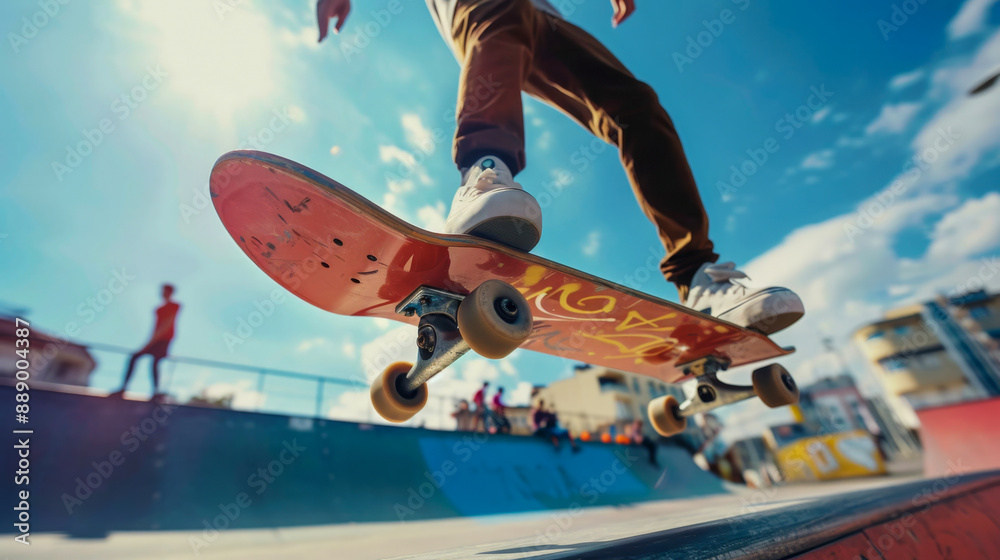 Naklejka premium Skateboarder mid-trick in urban skate park, low-angle, dynamic action shot, symbolizes youth and freedom.