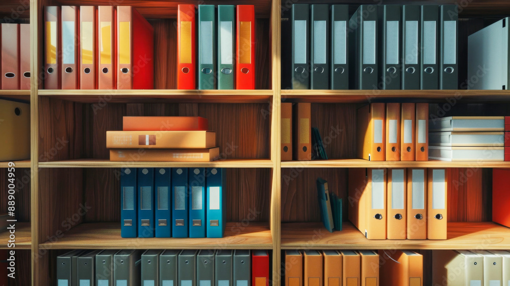 Colorful binders and files neatly arranged on wooden office shelves, organized workspace, ideal for office use, symbolizing order and productivity. Colorful binders and files neatly arranged on wooden office shelves, organized workspace, ideal for office use, symbolizing order and productivity.