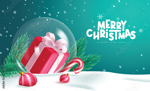 Christmas ball glass vector design. Merry christmas and happy new year greeting text with gift box in crystal round bauble elements for winter season background. Vector illustration greeting card 