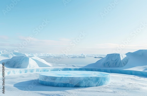 Blue Ice Podium with Arctic Background Under Clear Sky Winter Landscape