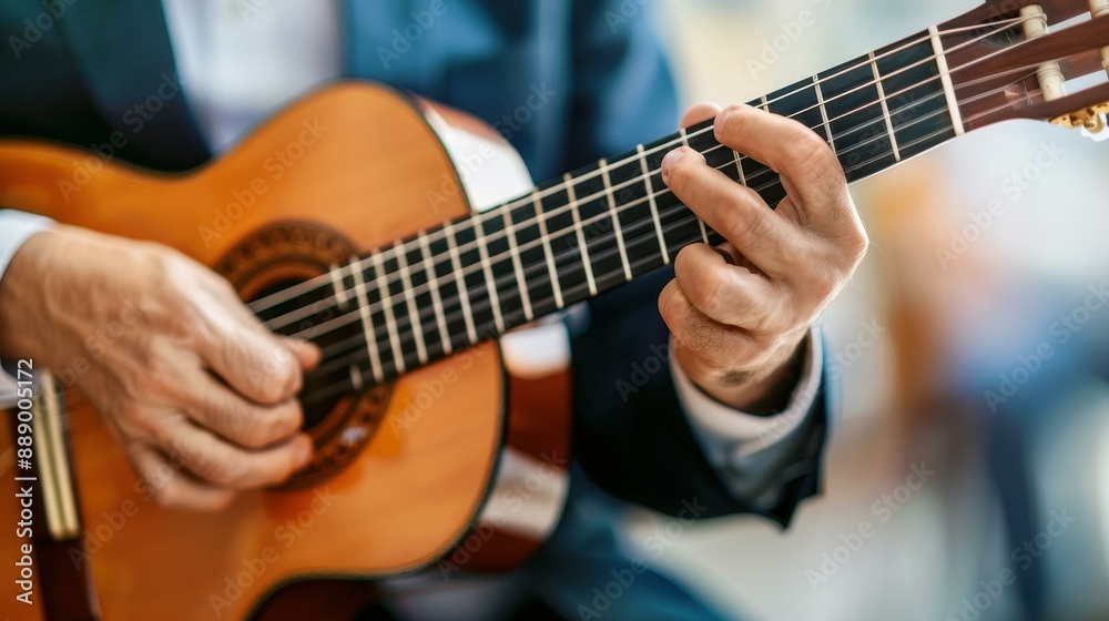 Elderly man in a classic suit playing acoustic guitar in a Spanish traditional live music performance. Elderly man in a classic suit playing acoustic guitar in a Spanish traditional live music performance.