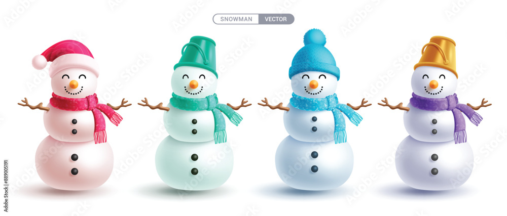 Christmas snowman characters vector set design. Snow man character wearing colorful scarf, santa hat and bucket hat costume elements isolated in white background. Vector illustration snowman 