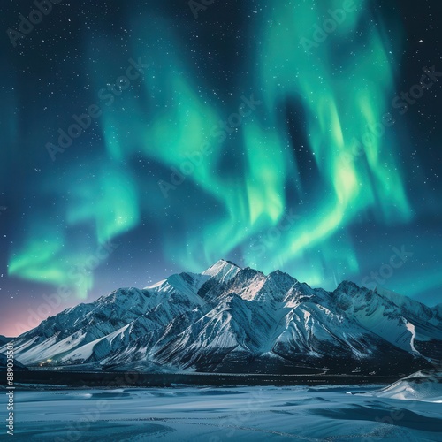 majestic aurora borealis dancing across the night sky illuminating snowcapped mountains with ethereal green and blue lights creating a breathtaking natural spectacle