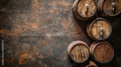 Wooden beer barrels with spouts, placed on a stone floor, blank area above for vintagethemed graphics photo