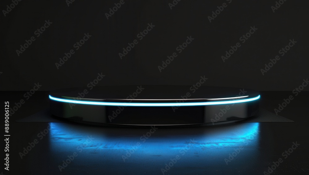 Futuristic Black Platform with Blue Glowing Light on Dark Background Futuristic Black Platform with Blue Glowing Light on Dark Background