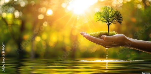 Hand holding a small tree with water splash in front of blurred nature background photo