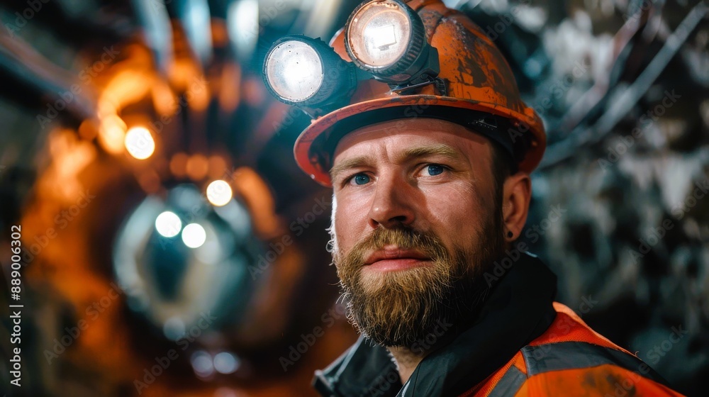 A bearded miner in a hard hat looks directly at the camera in a dimly lit underground mine. A bearded miner in a hard hat looks directly at the camera in a dimly lit underground mine.