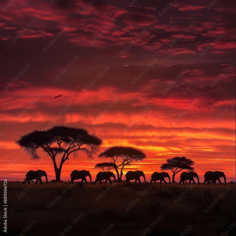 majestic herd of elephants silhouetted against vibrant african sunset acacia trees frame foreground as elephants traverse parched savanna landscape majestic herd of elephants silhouetted against vibrant african sunset acacia trees frame foreground as elephants traverse parched savanna landscape