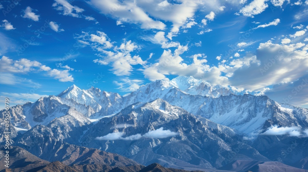 A mountain range covered in snow and a clear blue sky. The sky is dotted with clouds, giving the scene a serene and peaceful atmosphere A mountain range covered in snow and a clear blue sky. The sky is dotted with clouds, giving the scene a serene and peaceful atmosphere