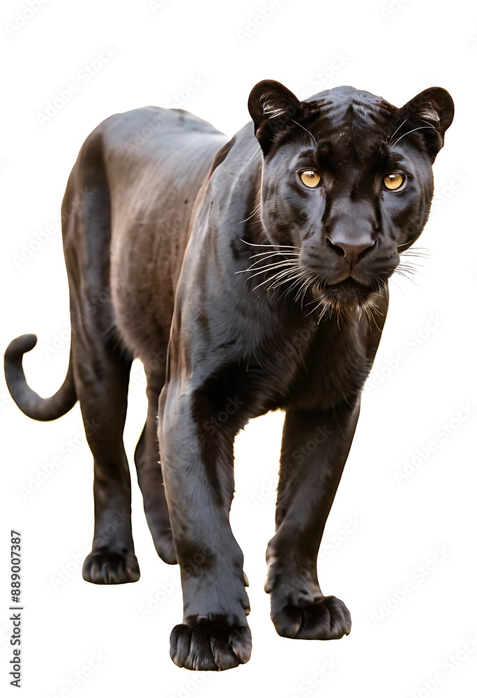 Obraz premium A sleek black panther stands alert, its piercing yellow eyes focused intently, isolated on a white background. Perfect for wildlife articles, conservation campaigns, or designs symbolizing power and m