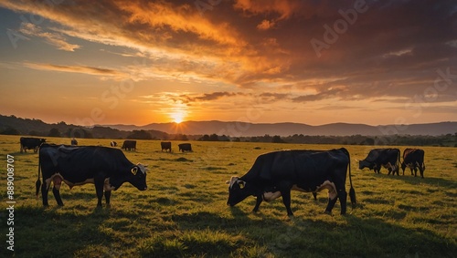 Silhouetted cows grazing against a vibrant sunset backdrop