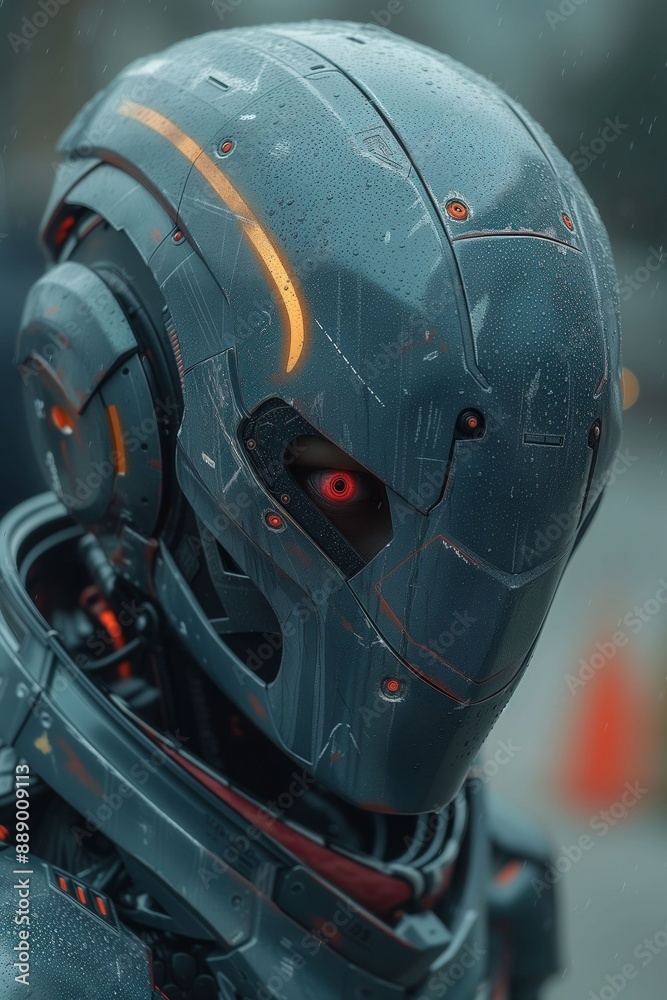 Fototapeta premium Hyper-realistic humanoid robot with intricate armor.