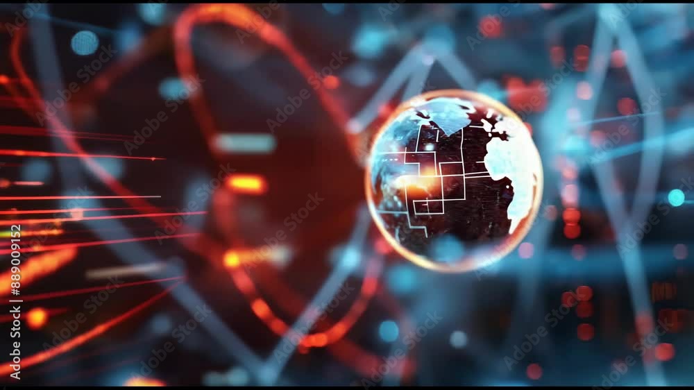 An animation of a globe atom spinning over data statistics and graphs.