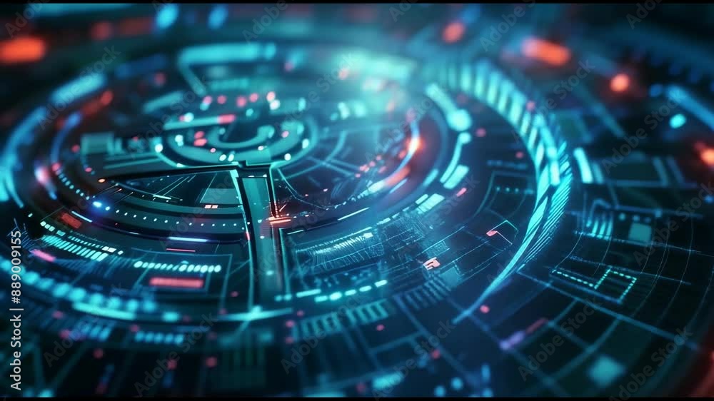 Electronic circuits core hud concept on a cyber space background with abstract dashboards. Seamless loop.. Electronic circuits core hud concept on a cyber space background with abstract dashboards. Seamless loop..