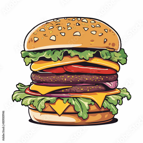 cartoon of a delectable burger featuring a juicy glistening patty topped with golden cheese ai generated