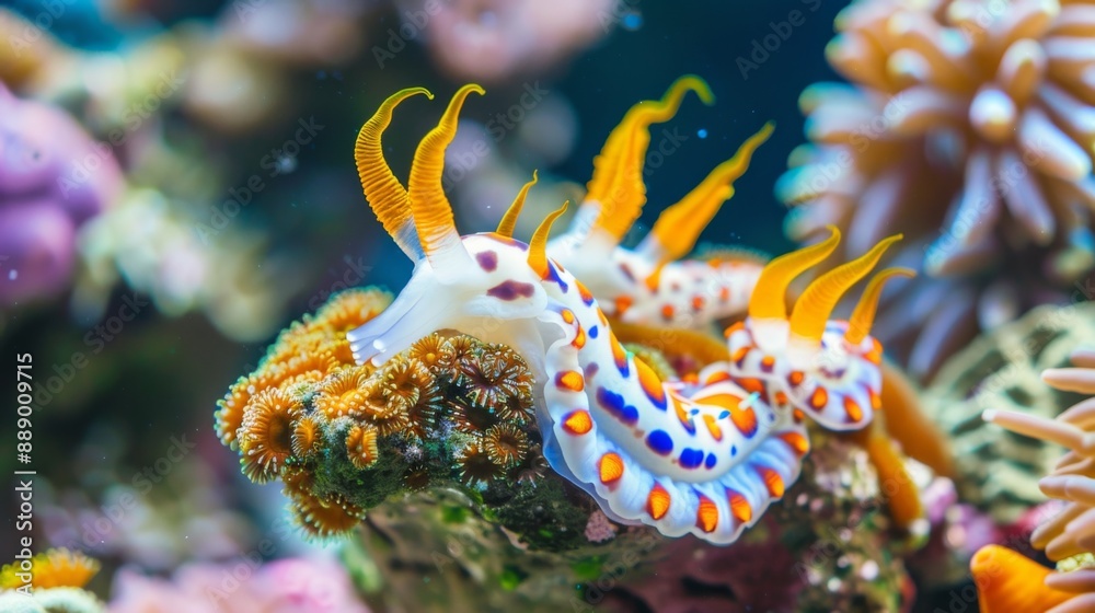 Close-up of colorful nudibranchs crawling on a coral reef, showcasing biodiversity. Close-up of colorful nudibranchs crawling on a coral reef, showcasing biodiversity.