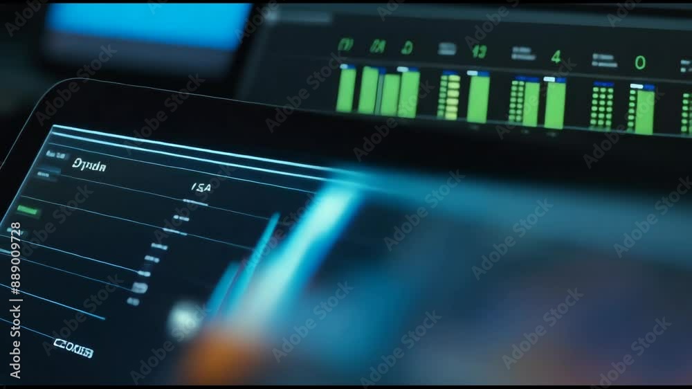 Panning shot of a tablet screen with graphs, charts, financial data, and developments.. Panning shot of a tablet screen with graphs, charts, financial data, and developments..