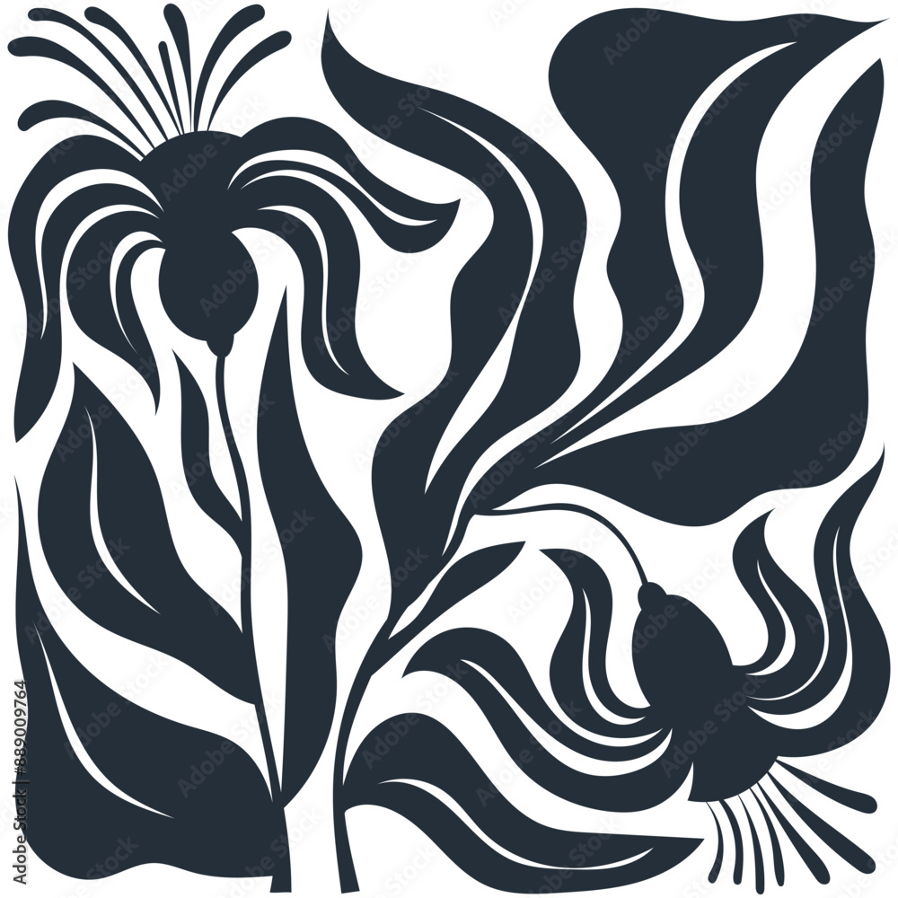 Fototapeta premium Floral abstract elements. Botanical black and white composition. Modern trendy minimal style. Floral poster, invite. 