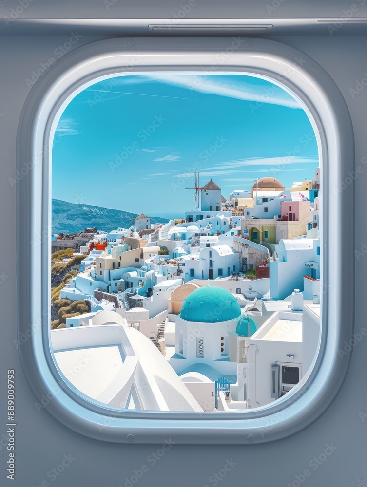 Fototapeta premium Coastal town viewed from airplane window with white buildings blue roofs dome-shaped landmark windmill azure sky perfect travel destination island Santorini Greece tourism vacation getaway
