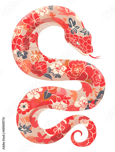 Beautiful bohemian chic snake illustration. Red snake with floral pattern skin. Isolated clipart, artistic design element. Chinese New Year 2025