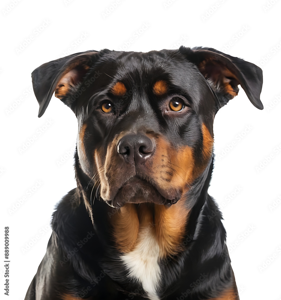 Headshot of a Rottweiler dog with a focused, alert expression against a white background. Ideal for pet care articles, dog training resources, or breed information websites. Headshot of a Rottweiler dog with a focused, alert expression against a white background. Ideal for pet care articles, dog training resources, or breed information websites.
