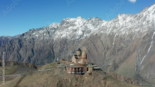 Aerial footage of Gergeti Trinity Church in Georgia