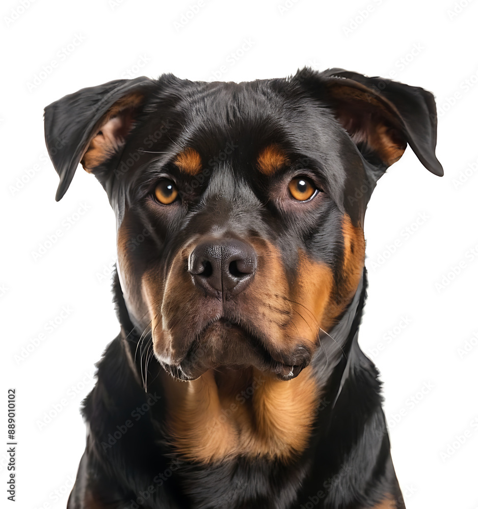 Headshot of a Rottweiler dog with a focused, alert expression against a white background. Ideal for pet care articles, dog training resources, or breed information websites. Headshot of a Rottweiler dog with a focused, alert expression against a white background. Ideal for pet care articles, dog training resources, or breed information websites.