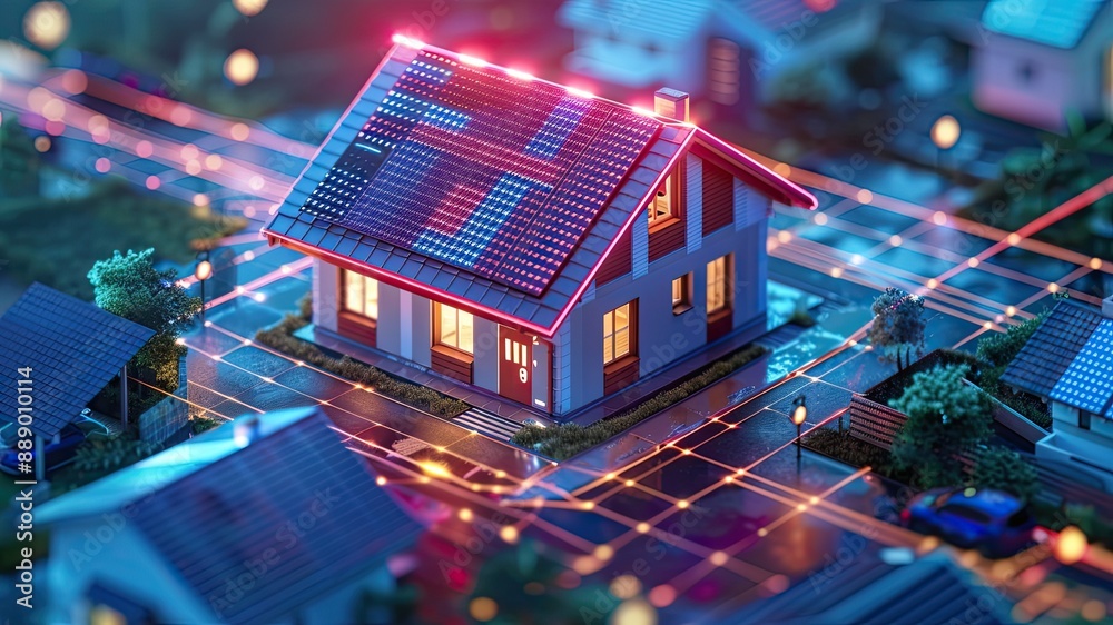 Obraz premium 3D model of a smart home with solar panel roof, showcasing sustainable energy concepts. Features energy lines, copy space, and modern design for eco-friendly living.
