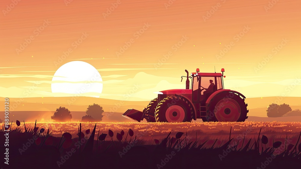 Vector art of a tractor driving in a large agricultural field at sunset. Flat illustration captures agriculture industry and food supply concepts, with copy space. Vector art of a tractor driving in a large agricultural field at sunset. Flat illustration captures agriculture industry and food supply concepts, with copy space.