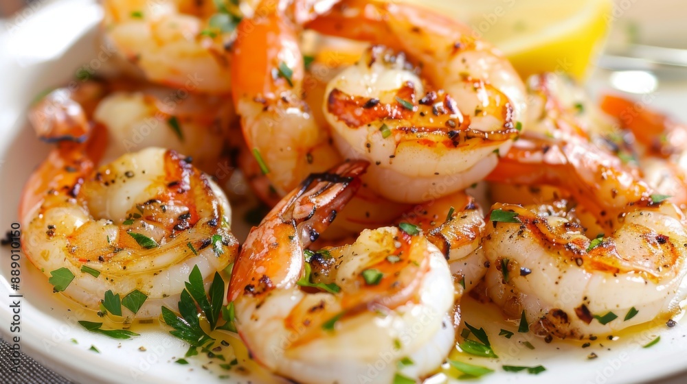 Close-up of grilled shrimp seasoned with garlic and herbs, served on a white plate. Close-up of grilled shrimp seasoned with garlic and herbs, served on a white plate.
