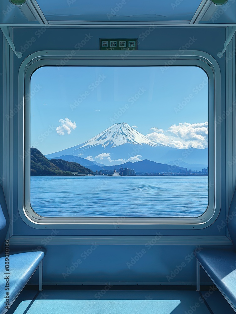 Naklejka premium Train travels through countryside, mountain range with snow-capped peak, tranquil water body, reflecting landscape. Soothing blue train matches clear blue sky, harmonious blend of comfort and nature.