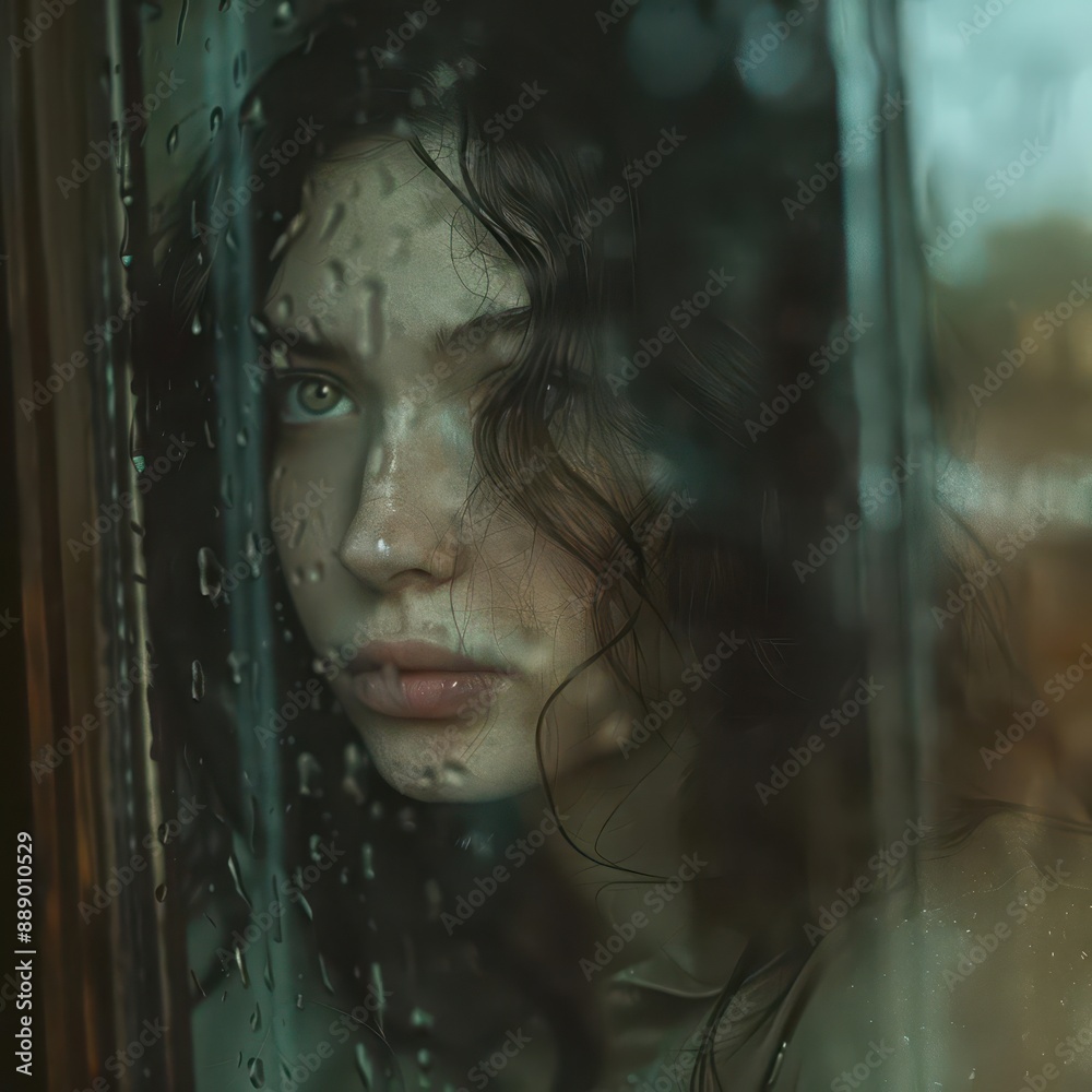melancholic portrait of young woman gazing out rainstreaked window soft muted tones and intimate framing capture feelings of isolation and introspection in poignant domestic scene melancholic portrait of young woman gazing out rainstreaked window soft muted tones and intimate framing capture feelings of isolation and introspection in poignant domestic scene