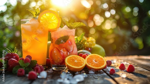 Refreshing Summer Drinks with Fresh Fruits and Ice on a Wooden Table in a Sunny Garden