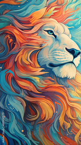Lion looking into the distance, Modern simple color background, poster or banner.