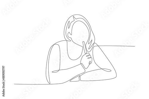 Confused woman doing homework. Homework concept one-line drawing